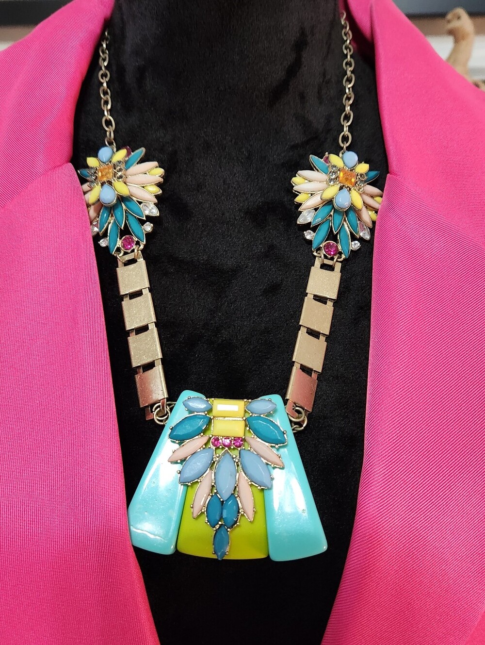 Statement Turquoise & Lime Resin Pendant Necklace - Women Jewelry